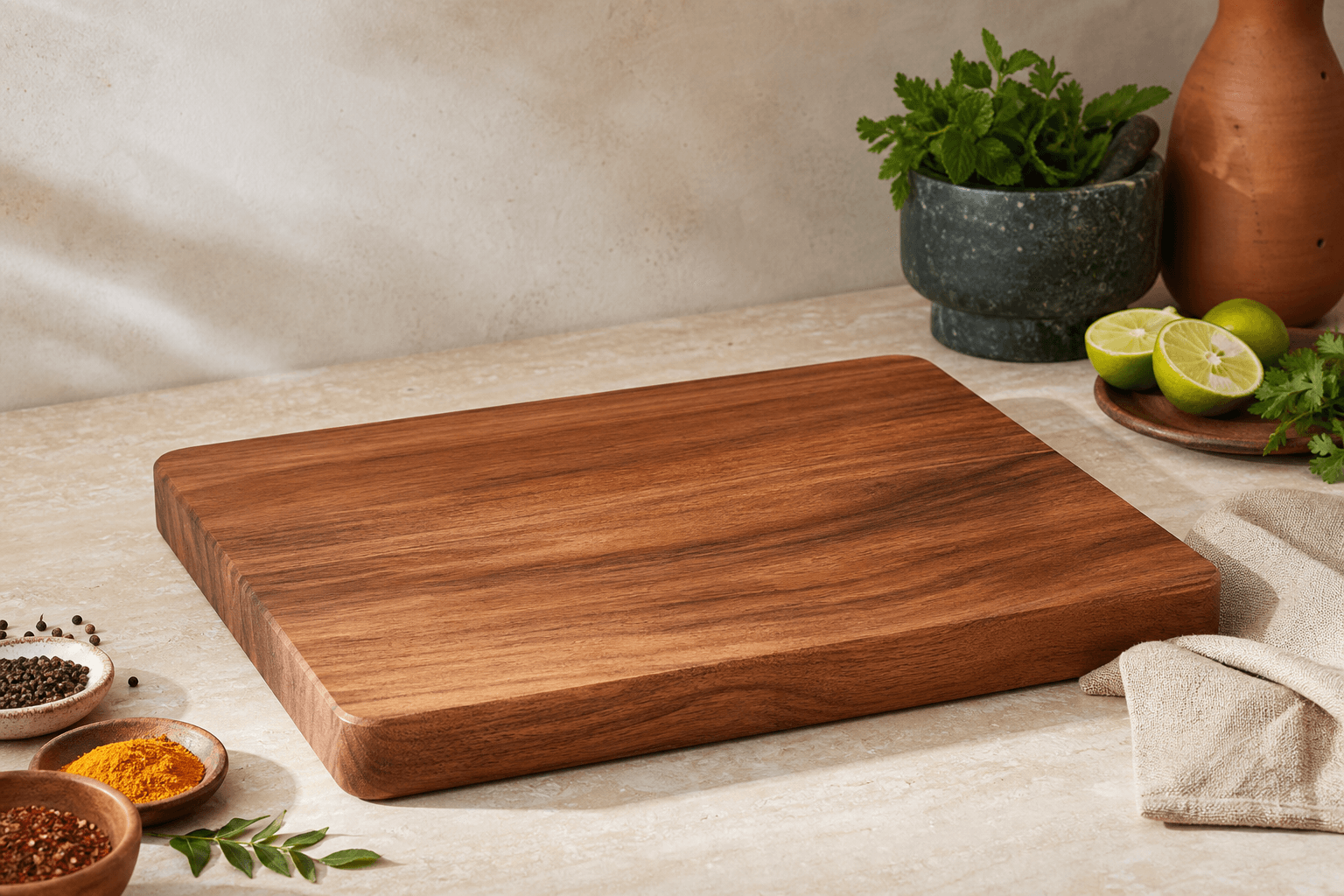 Premium wooden cutting board styled with herbs and spices in a warm modern kitchen